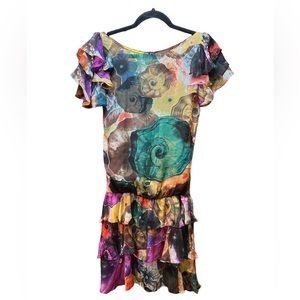 Catherine Malandrino 100% Silk Ruffle Sleeve and Hem Dress Sz 2 Nautilus Print